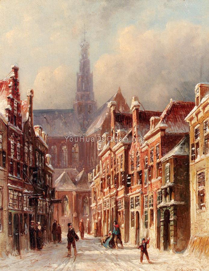 A Snowy Street with The St Bavo Beyond Haarlem - 皮尔特·杰拉德·韦汀